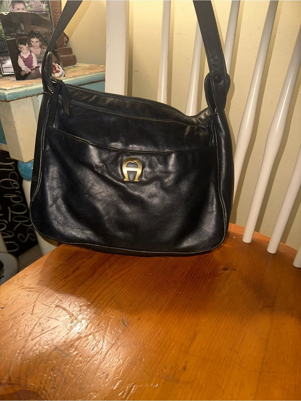 Etienne Aigner Black Leather Shoulder Satchel with Gold Logo